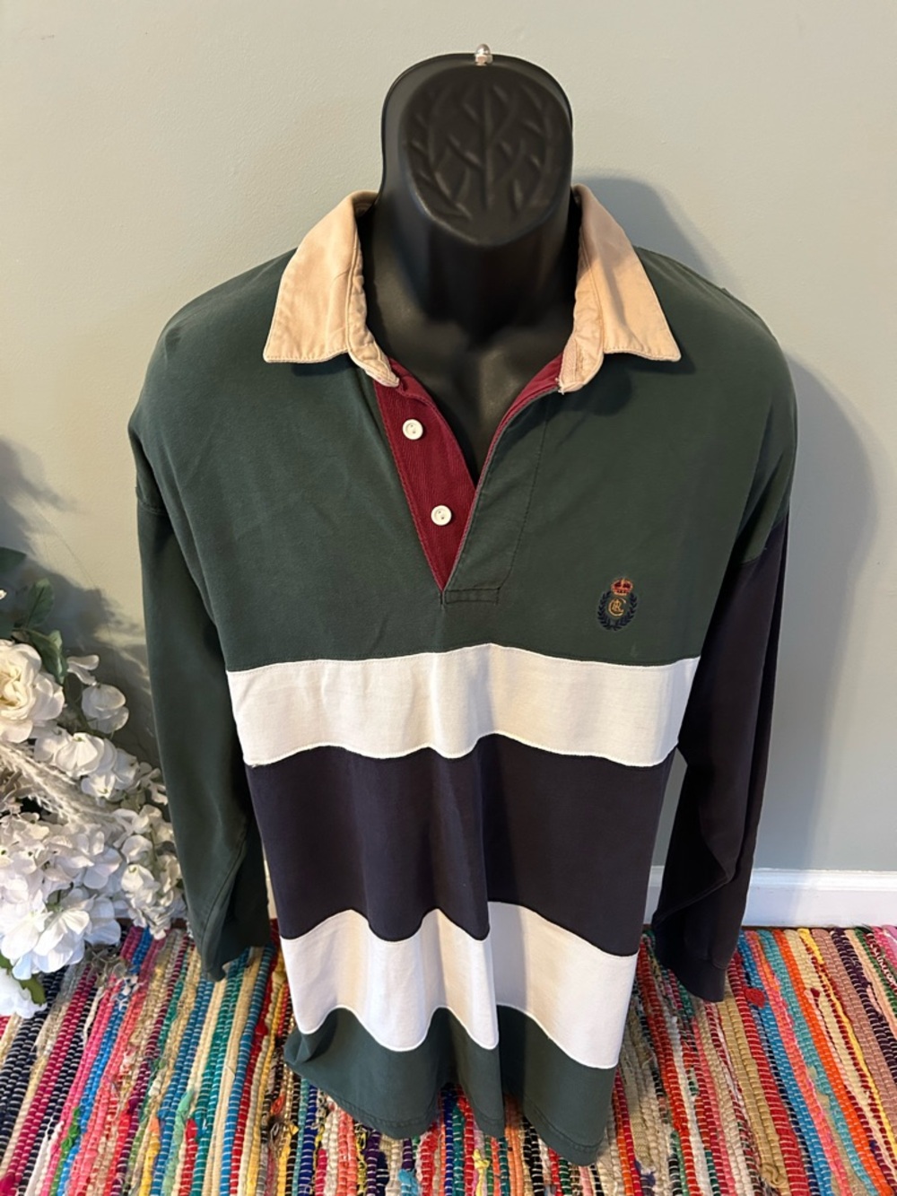 y2k Ralph Lauren Stripe Rugby Polo Shirt Colorblock Chaps Embroidered Logo Large